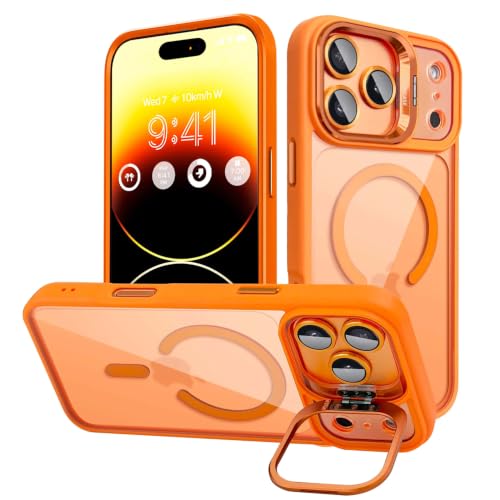 Image of VONZEE Clear Camera Stand Case Compatible with iPhone 17 Pro, Built-in Adjustable Kickstand, MagSafe Compatible Magnetic Cover, Slim Shockproof Protection, Crystal Clear Back (Cosmic Orange)