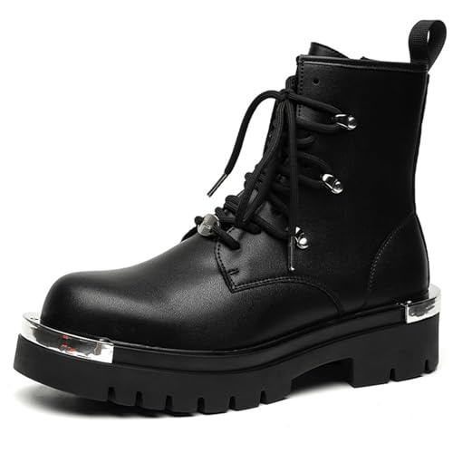 Men's Leather Lace-up Platform Military Combat Boots Round Toe Side Zipper Comfort Chunky Heel Lug Sole Non-Slip High Top Biker Ankle Booties