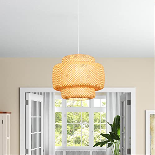 Depuley Hand-Woven Bamboo Pendant Light Hanging Lamp, 16 Inch Natural Rattan Pendant Lamp, Farmhouse Adjustable Bamboo Chandelier Woven Light Fixture For Kitchen Island, Living Room, Dining Room, E26 #TOP6