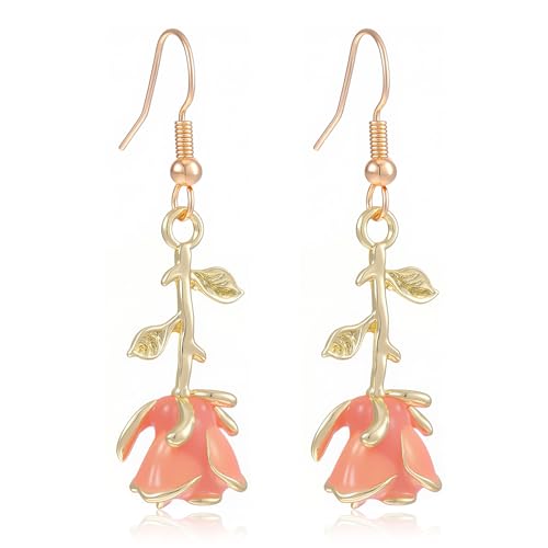 Mabor Pendientes de rosa para mujer, aretes colgantes vintage para boda, novia, dama de honor, joyería esmaltada, accesorios de disfraz