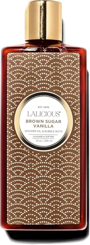 LALICIOUS Brown Sugar Vanilla Shower Oil & Bubble Bath, Moisturizing Body Wash with Topical Probiotics & Grapeseed Oil, Multi-Use Softening Cleanser for Shower, Bath & Shaving, 10 oz