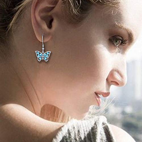 925 Sterling Silver Cute Dainty Pretty Small Cz Crystal Sky Baby Light Blue Monarch Morpho Butterfly Wing Dangle Earrings For Women With Aquamarine March Birthstone Trendy Hanging Drop Jewelry Gifts Valentines Day Mothers Day Birthday Present #TOP5