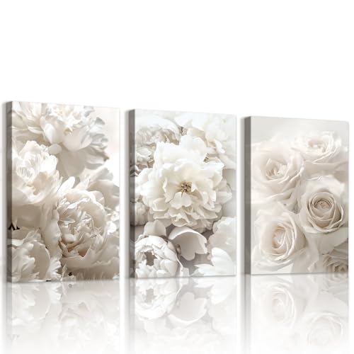 WENGTIAO 3 Pezzi Floreale Bianco Quadro su Tela Incorniciato, Stampa su Tela Estetica Rosa Bianca e Peonia in Fiori Quadri Moderni Soggiorno Camera da Letto Decorazioni Parete 40x60cmx3