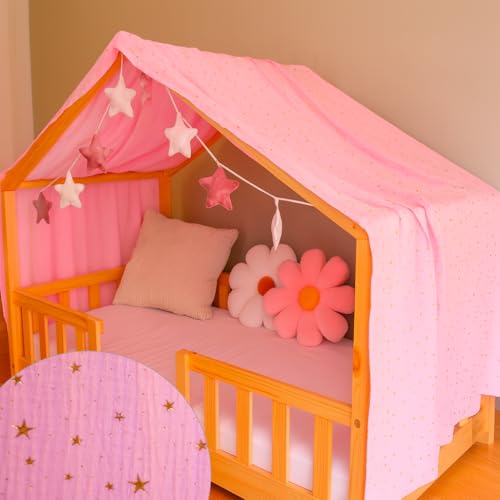 YellowNest Toile de Lit Cabane - Ciel de Lit Cabane 90x190cm 100% Mousseline de Coton - avec Guirlande (Rose Guirlande, 130 x 400 cm)