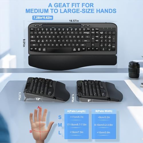 EAYBLLY 2.4G Wireless Ergonomic Keyboard, Full Size Wave Keys with Memory Foam Wrist Rest & 7.28in Phone Holder, USB-C Adapter Included for Windows Mac Chrome OS, Office or Home (Black) - 2