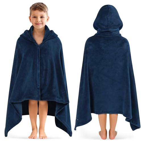 PAVILIA Fleece Hooded Towel for Kids, Soft Plush Beach Bath Towel, Absorbent Shower Wrap for Pool Swimming Toddler Boys Girls 3-8 Years 50x30 Inch, Navy