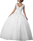 HUINI V-Ausschnitt Brautkleider Hochzeitskleider A-Linie Damen Quinceanera Kleid Spitze Prinzessin Abendkleider Ballkleider Festkleider Ärmellos Weiß 38