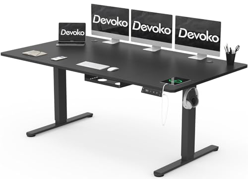Devoko Höhenverstellbarer Schreibtisch 180x80cm mit Typ-C Ladeanschluss, Schreibtisch Höhenverstellbar Elektrisch, Mobiler Elektrisch Computertisch mit Kabel Management Tray, Schwarz