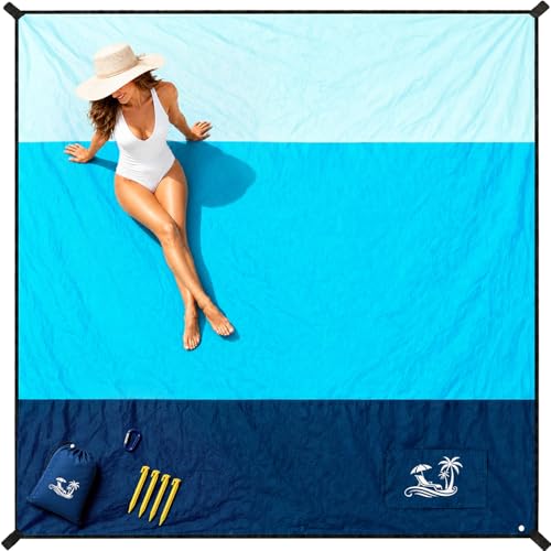 SOLNERY Large Beach Blanket Sand Proof Water Resistant, Beach Mat Sand Free Waterproof, Windproof, Stylish & Skin-Friendly, 8.2 x 6.8 ft, Fits 1–8 People, for Seaside, Picnic & Outdoor(Ocean Blue) by Solnery - Used condition - CA$25.93