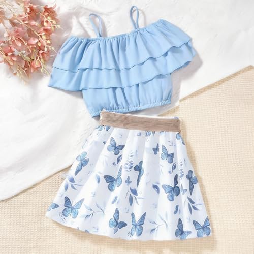 Image of Girl's 2 Pieces Outfits Spaghetti Purple Layered Crop Top and Butterfly Print Skirt Set with Belt 7-13 Years