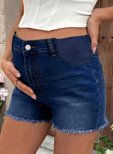 BLENCOT Women's Maternity Denim Shorts Mid Rise Stretchy Jeans Shorts with Frayed Hem Comfortable Pregnancy Summer Clothes Bluing XL — view 2