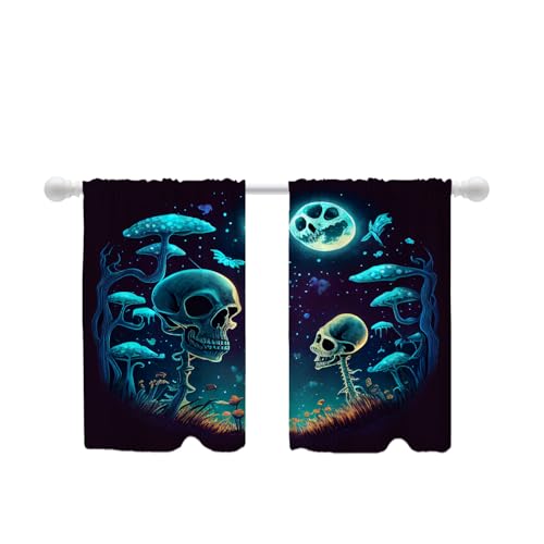 Shrahala Happy Halloween Funny Blackout Curtain Tiers, Skeletons Grass Mushrooms Starry Sky Kitchen Valance Light Blocking Tier Drapes with Rod Pocket, 2 Pack 26 X 36 in
