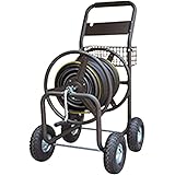 Rocky Mountain Goods Garden Hose Reel Cart - Holds up to 400 feet of 5/8” Hose - Slide Hose Guide System - Heavy Duty Metal Holder - 6 ft leader water hose included - Storage Basket - 10” Steel Wheels