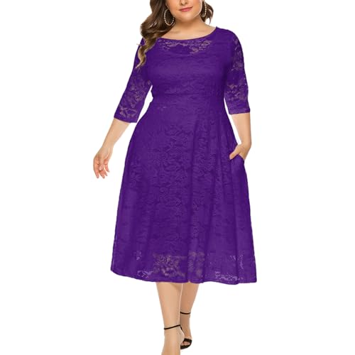 Eternatastic Womens Scooped Neckline Floral lace Top Plus Size Cocktail Party Midi Dress XXL Deep Purple