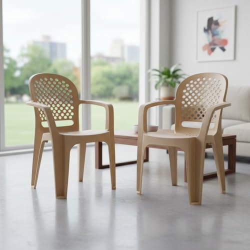 Image of Cello Crystal Armrest Plastic Chair with Matt Finish | Chairs for Living Room, Garden, Home Indoor and Outdoor Use (Colour: Marble Beige, Set of 2)