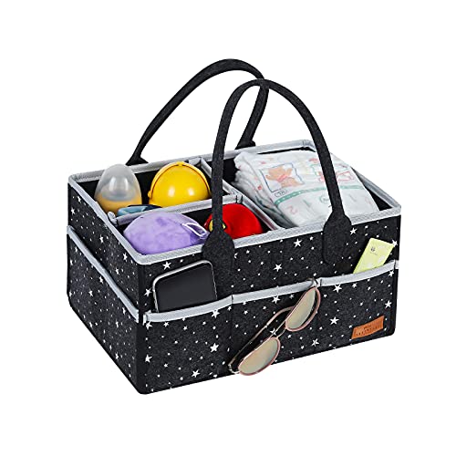 Panier de Rangement pour Bébé en Feutre Organisateur de Couche Pliable avec poches et Compartiment Amovible Grande Capacité Panier de Rangement (Star, Gris foncé) Cover