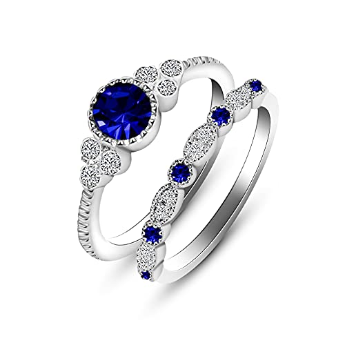 Uloveido Women's Wedding Engagement 2 Rings Set for Bridal Female, Round Blue Crystal Statement Promsie Anniversary Rings Set for Women friend Size 6-10 Y1279