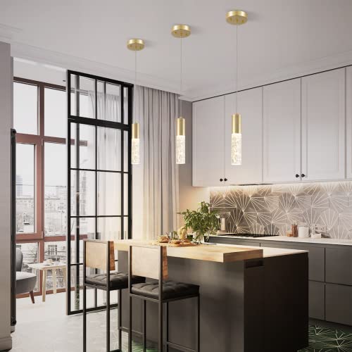 Pendant Lights Kitchen Island, Ceiling Hanging Led Vanity Light Fixtures With 3000K, Modern Crystal Cylindrical Shape Pendant Modern Kitchen Island Lighting For Dining Room, Bar- 2 Pack (Gold) #TOP1