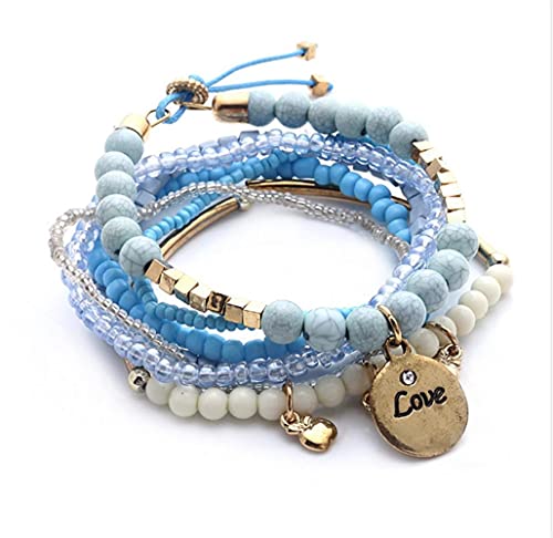 Caiyao Boho Stackable Bead Bracelets Bohemian Multilayer Stretch Bracelets Multicolor Love Pendant Bangles Bracelet Stretch Bangles Multilayer Stacking Bracelet Fashion Jewelry-Blue