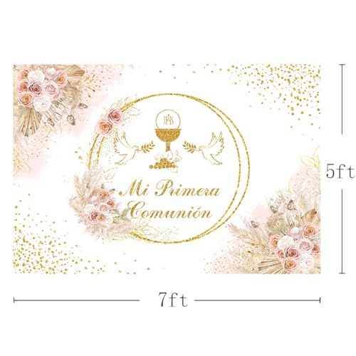 MEHOFOND 7x5ft Boho Pink Mi Primera Comunión Backdrop for Girls, First Holy Communion Banner, Baptism Party Decoration, Floral Gold Glitter Photography Background, God Bless Photo Booth Party Supplies by MEHOFOND - Used condition - Image 3