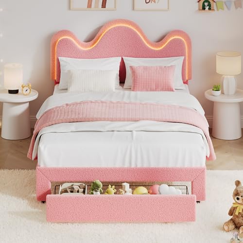 IDEALHOUSE Twin Bed Frame with LED Headboard and Under-Bed Drawer,