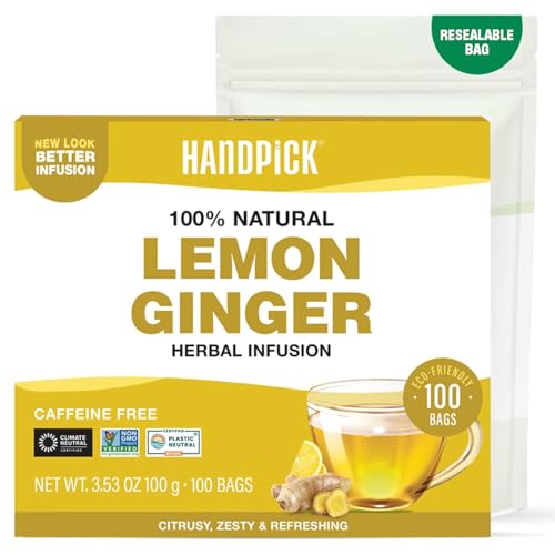 HANDPICK, Lemon Ginger Tea Bags (100 Count) | Ingredients - Lemon, Ginger, Lemongrass & Licorice | Round Eco-Conscious Herbal Tea Bags | Brew Hot Tea or Cold Brew