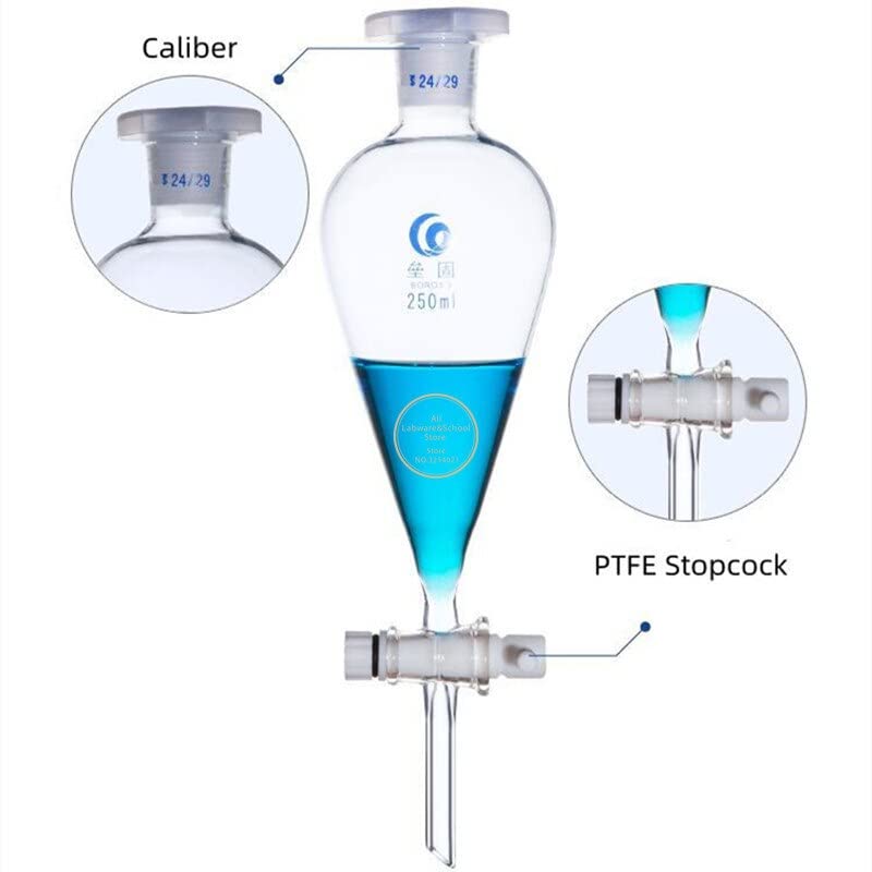 1 Stück Laborglas Birnenförmiger Scheidetrichter Loikaw Tropftrichter mit Glas/PTFE-Kolben 60/125/250/500/1000/2000ml (Size : 125ml Glass Piston)
