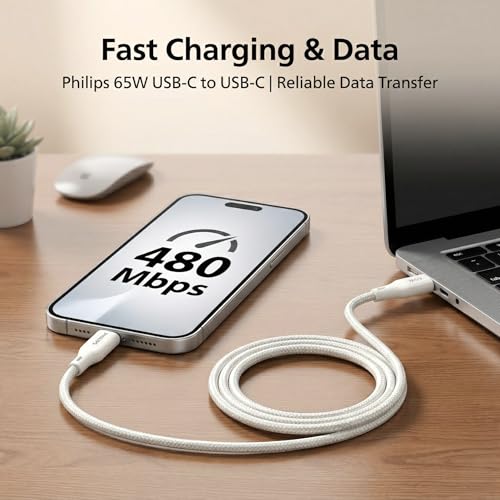 Image of PHILIPS DLC4130CW /94 65W Type-C to Type-C Fast Charging Cable (1m, Bright White) | Nylon Braided | Compatible with iPhone 15+ Series, USB-C iPad Models, Samsung Galaxy & All Type C Devices