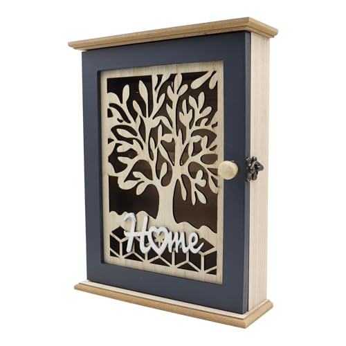 OMJMYY Boîte à Clés en Bois avec Motif Arbre de Vie 28.5x22x7cm Armoire à Clés avec 6 Crochets Murale Décorative pour Entrée Couloir Chambre