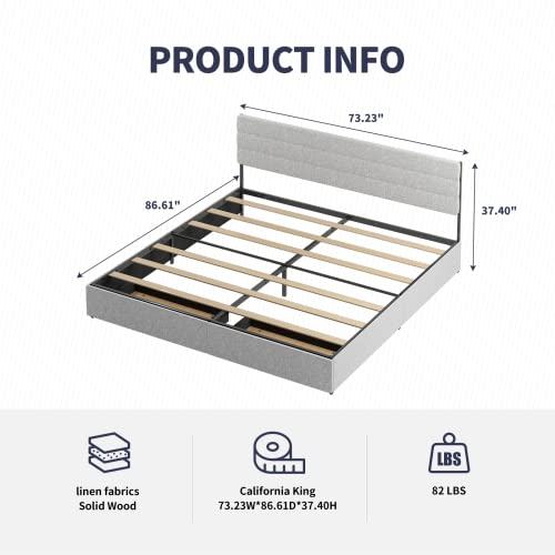 Zafly Platform California King Size Bed Frame With Linen Adjustable Headboard,Cal King Bed Frame With 2 Storage Drawers,Wooden Slats Support,No Box Spring Needed,Easy Assembly,Light Grey #TOP1