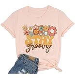 Retro Stay Groovy Shirt for Women Hippie 70s T-Shirt Cute Floral Graphic Tees Casual Summer Short Sleeve Tops (S, Pink)