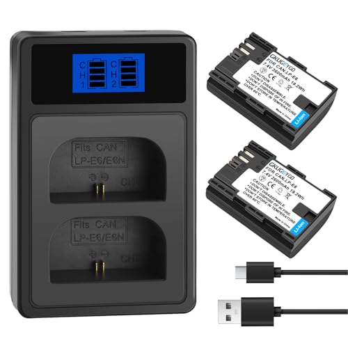 2-Pack LP-E6 LP-E6N Battery and Dual Slot Charger for Canon EOS R7, R6, R5, R, 6D Mark II, 5D Mark