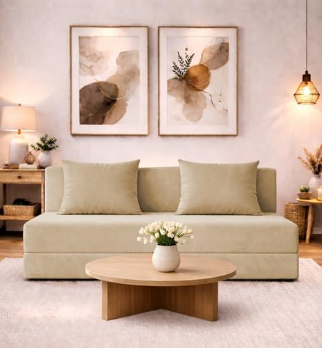 Image of Adorn India Easy 3 Seater Sofa Cum Bed | Velvet Fabric | Cream | Plain Design | 6x5 Ft | Comfortable Seating | Washable Cover | Perfect for Home & Office