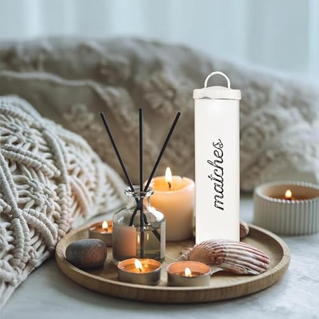 AuldHome Design Enamelware Fireplace Matches Holder (White), Farmhouse Storage Container for Long Safety Matches