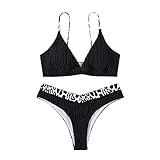 Generic Poloshirts Besticken Badeanzug für Frauen in Fester Farbe Leopard-Zweiteiliger Split Badeanzug High Taille Training Wrap Bademode Pailletten Tank Top (Black, M)