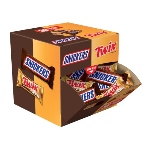 SNICKERS & TWIX Candy Fun Size Individually Wrapped Milk Chocolate Bars Pantry Cube Variety Pack Easy Open and Close Dispenser for Convenient Snacking, 30 Oz, 50 Ct Bulk Box