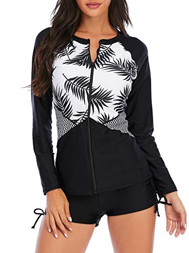 Women's Two Piece Swimsuits Long Sleeve Rashguard Sun Protection Shirt Floral Printed Tankini Swimsuit Bathing Suit Black Leaf L
