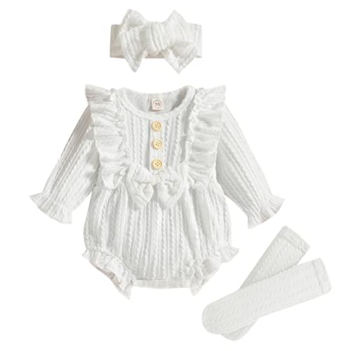 Image of GRNSHTS Newborn Baby Girl Clothes Ruffle Solid Sweater Long Sleeve Romper+Hairband+Socks 3Pcs Fall Winter Outfits
