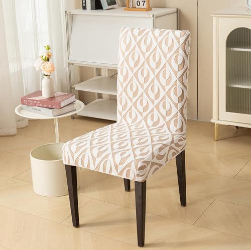 Image of HOMETHREADS Stretchable Elastic Jacquard Chair Seat Cover - Removable & Washable, Durable Seat Protector for Dining Room, Kitchen, Restaurant & Party Chairs (Beige, Pack of 2)
