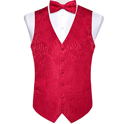 Image of DiBanGu Mens Paisley Vest Silk Sleeveless Suit Vest and Neck Tie Pocket Square Cufflinks Set for Wedding Formal