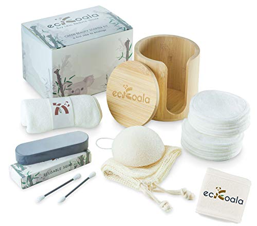 ecKoala® 16 Dischetti Struccanti Lavabili – Set Struccante Ecologici + Scatola in Bambù + Panno Struccante + Cotton Fioc riutilizzabile + Spugna Konjac + Rete di Lavaggio – Regalo Ideale