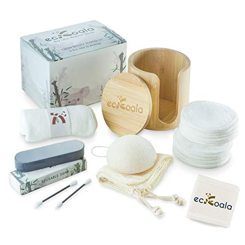 ecKoala® Kit Zéro Déchet – 16 Cotons Démaquillant Lavables + boite Bambou + Bandeau de Démaquillage Fibre Naturelle + Coton tige Réutilisable + Éponge Konjac + Filet de Lavage – Cadeau Idéal