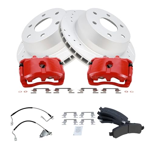 Image of TRQ Performance Rear Performance Brake Pad & Rotor Kit Semi-Metallic Premium G-Coated Compatible with 2003-2009 Chevrolet Express 1500 2003-2013 GMC Savana 1500