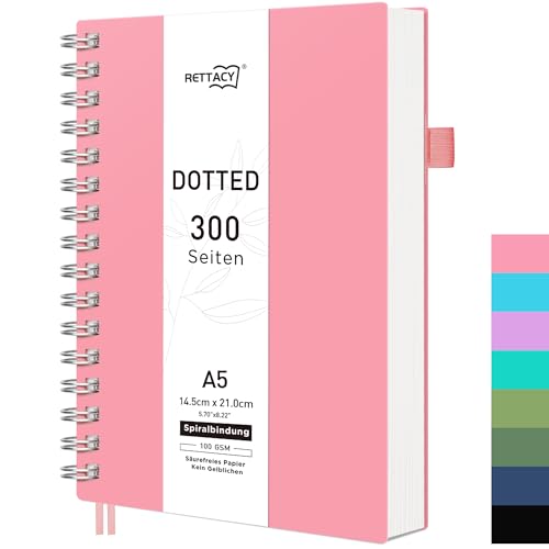 RETTACY Notizbuch A5 Gepunktetes, Bullet Dot Journal, Spiral-Notizbücher 150 Blatt/300 Seiten zum Schreiben, 100gsm, PVC Hardcover, für Frauen Männer Arbeit Büro Schule, 14.5 x 21cm – Rosa
