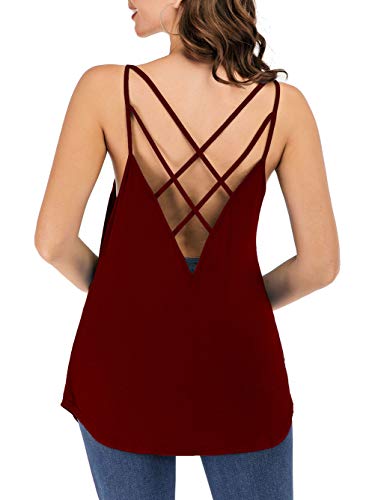 Famulily Women's Cute Criss Cross Back Tank Tops Loose Hollow Out Camisole Shirt (Small, Wine Red)