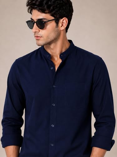 Image of Veirdo Men's Stylish Solid Casual Shirt | Chinese Collar Pure Cotton | Available in Black, Brown, Rust, Olive, White & Navy | Sizes S to XXL