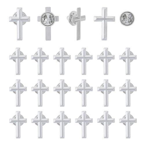 SUPERFINDINGS Lot de 24 épingles à revers en forme de croix Kaplan - 2,5 x 1,6 cm - Alliage platine - Broche commémorative - Église funéraire - Prière - Événement public