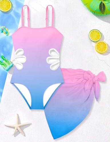Image of Girls Swimsuit Adjustable Straps Cut Out One Piece Bathing Suit with Solid Color Cover Up Skirt Girls' Swimwear 5-16Y