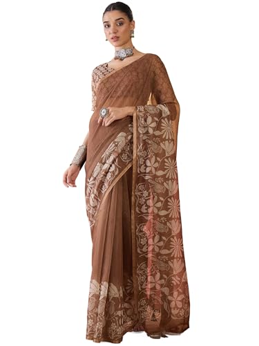Image of AKHILAM Women's Cotton Printed Saree With Unstitched Blouse Piece