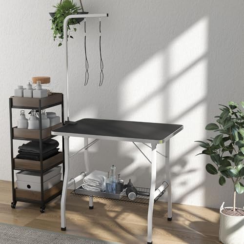 PawHut Trimmtisch für Hunde Hundepflegetisch klappbar Haustierpflegetisch mit höhenverstellbarem Galgen 2 Schlingen Netzkorb rutschfest Oberfläche Schertisch bis 40 kg 90 x 60 x 76 cm Schwarz+Weiß